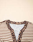 Stripe Leopard Trim 3/4 Sleeve Midi Shirt Dress