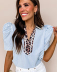 Leopard Patchwork Collared V-Neck Puff Sleeve Blouse