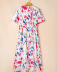 Abstract Short Puff Sleeve Tiered Maxi Dress