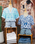 Geometric Tassel Tie V-Neck Short Sleeve Blouse