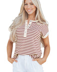 Stripe Half Buttoned Short Sleeve Top