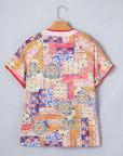 Boho Patchwork Tied V-Neck Short Sleeve Blouse