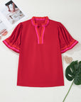 Stripe Frilled V-Neck Ruffle Short Sleeve Blouse