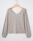 Bow Back Ribbed Knit V-Neck Drop Shoulder Top