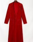 Velvet Open-Front Pocketed Cardigan