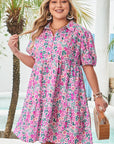 Plus Size Floral Half-Button Puff Sleeve Dress