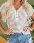 Stripe Button Front V-Neck Knitted T-Shirt