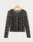 Black Floral Print Mesh Tank Button Front Slim Cardigan 2pcs Set