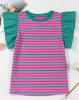 Stripe Colorblock Ruffle Sleeve Crewneck Blouse