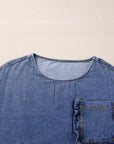 Denim 3/4 Sleeve Ruffle Patch Pocket Blouse