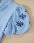 Flower Embroidered Puff Sleeve Split Neck Blouse