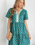 Floral Contrast Trim V-Neck Short Sleeve Dress