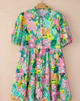 Floral Puff Sleeve Buttoned Collar Babydoll Dress