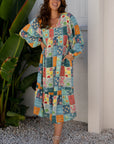Floral Patchwork Long Sleeve Ruffle Hem Midi Dress