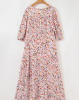 Boho Floral 3/4 Sleeve V‑Neck Maxi Dress