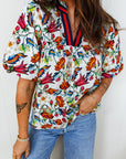 Floral Contrast V-Neck Puff Sleeve Blouse