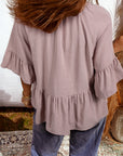 Solid Split V-Neck Ruffle Sleeve Peplum Blouse