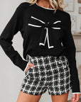 Bow Tie Contrast Trim Cropped Sweater