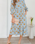 Floral Frilled V-Neck 3/4 Sleeve Midi Dress