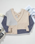Plus Size Textured Patchwork Long Sleeve V-Neck Top