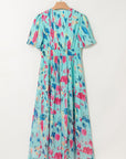Abstract Short Puff Sleeve Tiered Maxi Dress
