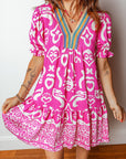 Boho Abstract Contrast Trim V-Neck Flared Dress