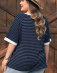 Plus Size Stripe Contrast Trim Ribbed T-Shirt