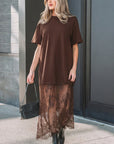 Solid Lace Patchwork Short Sleeve Maxi Dress