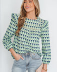 Floral Lace Trim Ruffle Long Sleeve Blouse