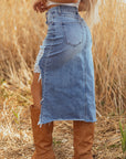 Alexis Irregular Distressed Bottom Denim Midi Skirt