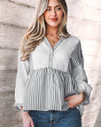 Stripe Gauze Patchwork Half Buttoned Babydoll Blouse