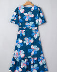 Floral Short Puff Sleeve Ruffle Belted Midi Dress