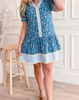 Floral Ruffle Stripe Trim Short Sleeve Buttoned Dress