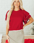 Solid Pearl Embellished Double Ruffle Sleeve Sweater