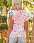 Floral Patchwork Notched Neck Flutter Sleeve Blouse