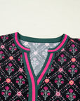Floral Contrast V-Neck 3/4 Sleeve Blouse