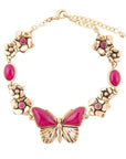 Pink Fuchsia Agate Golden Butterflies Adjustable Bracelet