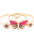 Pink Fuchsia Agate Golden Butterflies Triple Ring Set