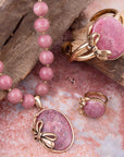 Gifted Pink Rhodonite Gold Bow Beaded Pendant Necklace
