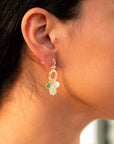 Green Jade and Pink Sunstone Golden Drop Earrings