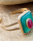 Green Onyx Stacked Red Quartz Golden Cuff Bracelet