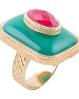 Green Onyx Stacked Red Stone Golden Statement Ring