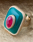 Green Onyx Stacked Red Stone Golden Statement Ring
