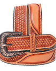 Hilason Hand-Tooled Basket Weave Leather Belt – Western Style with Engraved Buckle Tan