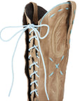 Knee High Corset Boot In Latte Suede With PowderBlue Accents For StagePerformanceOutfit