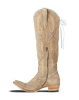 Knee High Corset Boot In Latte Suede With PowderBlue Accents For StagePerformanceOutfit