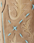 Knee High Corset Boot In Latte Suede With PowderBlue Accents For StagePerformanceOutfit