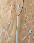 Knee High Corset Boot In Latte Suede With PowderBlue Accents For StagePerformanceOutfit