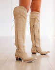 Latte Suede Over The Knee Boot Featuring Contoured Corseted Silhouette And Comfort