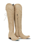 Latte Suede Over The Knee Boot Featuring Contoured Corseted Silhouette And Comfort